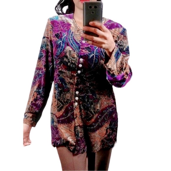 Vintage Liz Baker Velvet
Black Gold Japanese Print Button Down Long Sleeve 22W - Picture 1 of 13